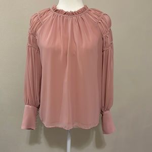 Juliet Pleated Ruffle Puff Sleeve Romantic Muted Pink Mauve Blouse Ann Taylor